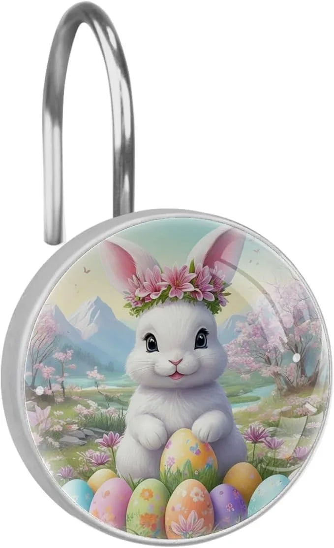 Bunny Rabbit and Easter Eggs Shower Curtain Hooks 12Pcs, Decorative Rust Resistant Shower Rings for Shower Curtain Rods, Stainless Steel Round Curtain Hooks for Bathroom, Bedroom, Farmhouse - ModernBath