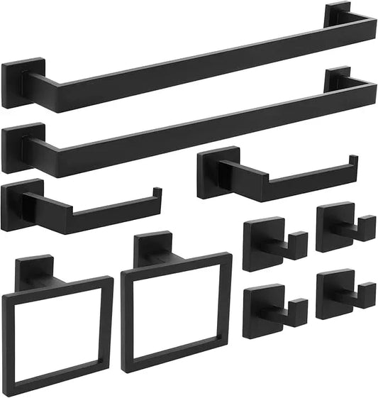 FAHKNS 10 PCS Bathroom Hardware Accessories Set 23.6 Inch Stainless Steel Bath Towel Bar Set Square Towel Ring Set for Bathroom Wall Mounted, Black - ModernBath