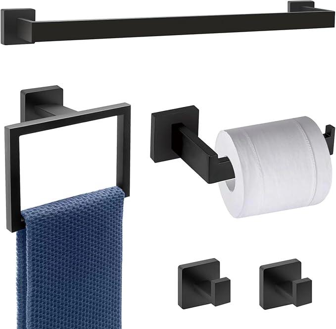 5-Piece Bathroom Hardware Set - Black Towel Bar Set with 2 Towel Hooks, Stainless Steel Wall Mounted Bathroom Towel Rack - Square, 16-Inch - ModernBath
