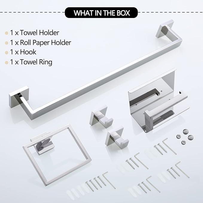 Bathroom Towel Bar Set Toilet Paper Holder with Shelf, Polished Chrome Bathroom Accessories Set, 23.6 Inch Towel Bar Towel Ring Towel Hook 5-Piece Bathroom Hardware Set - ModernBath