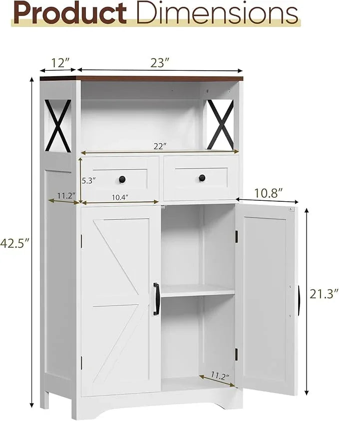 SUPER DEAL Farmhouse Storage Cabinet, Bathroom Floor Cabinet Kitchen Pantry with Doors and Drawers, Hutch Cupboard for Laundry, Living Room, Bedroom, White - ModernBath