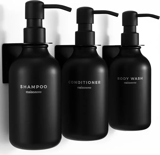MaisoNovo Shampoo and Conditioner Dispenser - Shower Soap Dispenser Wall Mounted - 16.9 fl oz Set of 3 Black Plastic Bottles Black Pump - Shampoo Dispenser, Shower Dispenser - ModernBath
