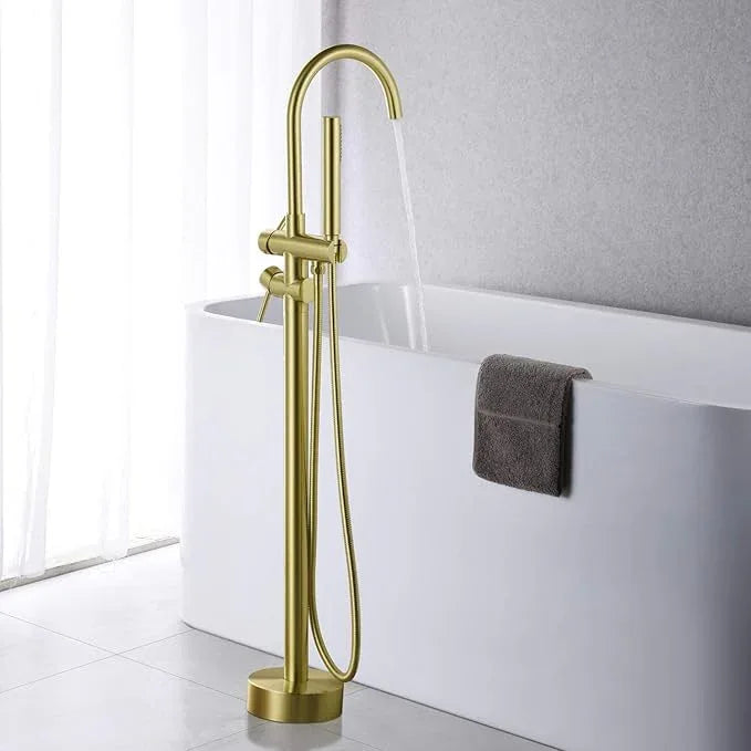 Freestanding Tub Filler Bathtub Faucet Brushed Gold Floor Mounted Brass Faucets with Handheld Shower - ModernBath