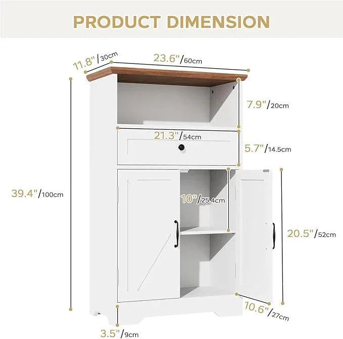 Floor Cabinet, Farmhouse Storage Cabinet with Barn Doors and Drawer, 11.81" D x 23.62" W x 39.37" H White Freestanding Adjustable Shelf Organizer for Bathroom, Kitchen, Living Room - ModernBath