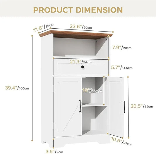 Floor Cabinet, Farmhouse Storage Cabinet with Barn Doors and Drawer, 11.81" D x 23.62" W x 39.37" H White Freestanding Adjustable Shelf Organizer for Bathroom, Kitchen, Living Room - ModernBath