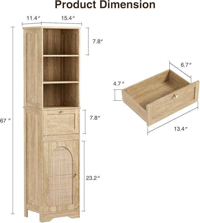67" H Natural Bathroom Storage Cabinet with Rattan Doors and Slide Storage, Tall Narrow Freestanding Tower Cabinets with Adjustable Shelves for Kitchen, Living Room, Dining Room - ModernBath