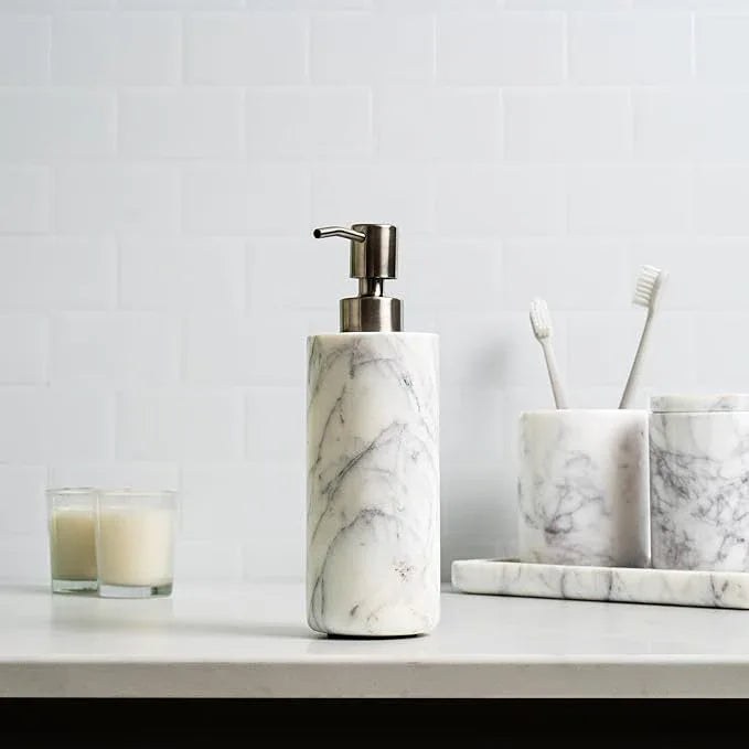 Cork & Mill Marble Soap Dispenser for Bathroom Countertop or Kitchen Sink, Real Natural White Stone with Stainless Steel Pump Top, Ideal for Lotion, Liquid Dish or Hand Soap, Modern Bath Accessories - ModernBath