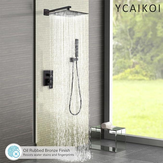 YCAIKOI Shower Faucet Set Complete, Wall Mount Shower System for Bathroom 12 Inch High-Pressure Rainfall Shower with Handheld, Rough-in Valve Body and Trim Kit, Oil Rubbed Bronze - ModernBath