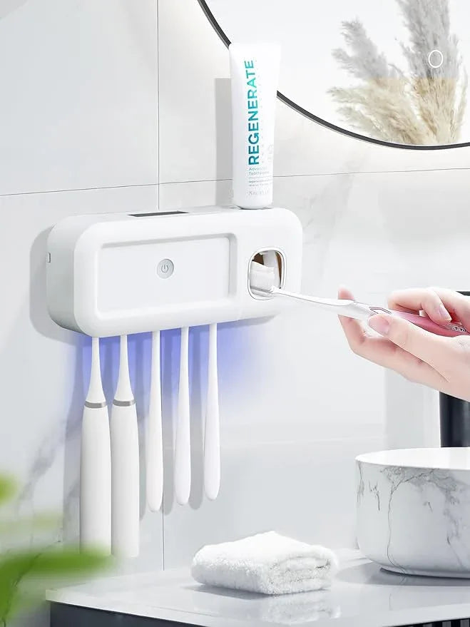 Toothbrush Holder Wall Mounted Timerable Toothbrush Holders with Automatic Toothpaste Dispenser 1200mAh Toothbrush Holders for Bathrooms, Solar Charging, 5 Toothbrush Slots - ModernBath