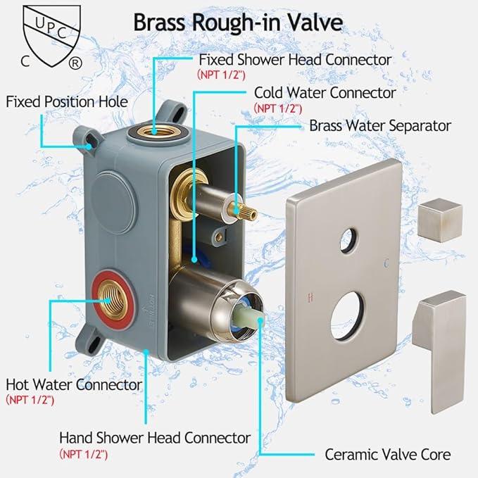 YCAIKOI Brushed Nickel Shower System, 8 Inch High Pressure Rain Shower with Handheld, Wall Mount Shower Faucet Set for Bathroom, Rough-in Valve Body and Trim Included - ModernBath