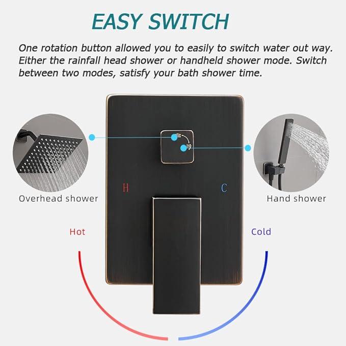 Heable Oil Rubbed Bronze Shower System with 8'' Rainfall Shower Head, Handheld Shower head, Bathroom Luxury Rain Mixer Shower Combo Set Wall Mounted Shower Faucet Rough-in Valve and Trim Kit - ModernBath