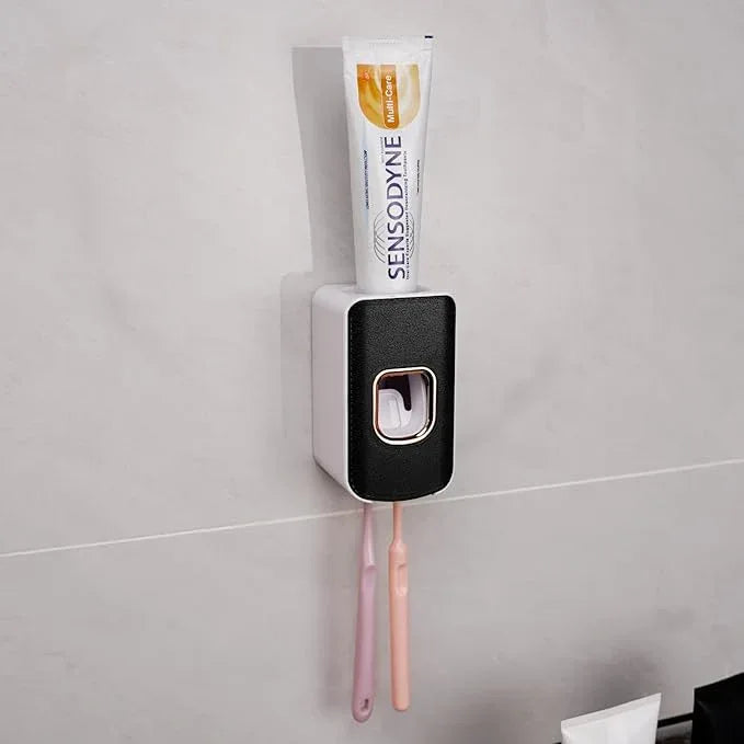 2 Slot Toothbrush Holder and Toothpaste Dispenser Wall Mounted, Automatic Toothpaste Squeezer, 2 in 1 Tooth Brush Toothpaste Organizer for Shower (Black 2Pack) - ModernBath