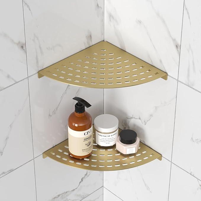 2 Pack Corner Shower Shelves 304 Stainless Steel Shower Corner Shelf Brushed Gold Bathroom 8 in Prevent Rust Drilling Installation - ModernBath