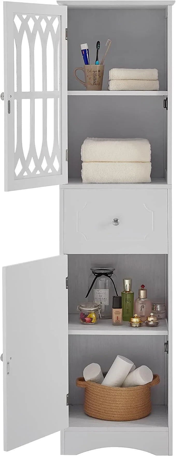 Tall Bathroom Storage Cabinet with 2 Doors & Drawer, 64" H Bathroom Cabinets Freestanding, Slim Linen Cabinet with Adjustable Shelves, Narrow Linen Tower for Living Room, Laundry Room, White - ModernBath