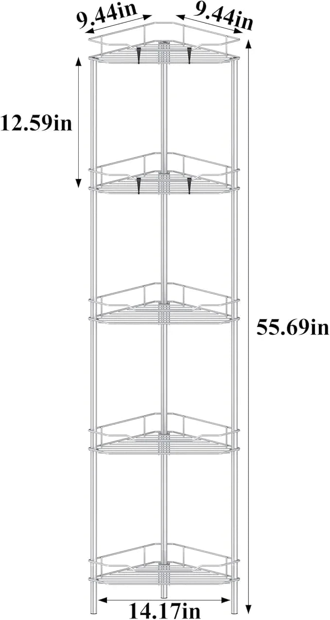 5 Tier Floor Standing Corner Shower Caddy Organizer Shelf with Hooks, Bathroom Shelves Stand Rack, Silver - ModernBath