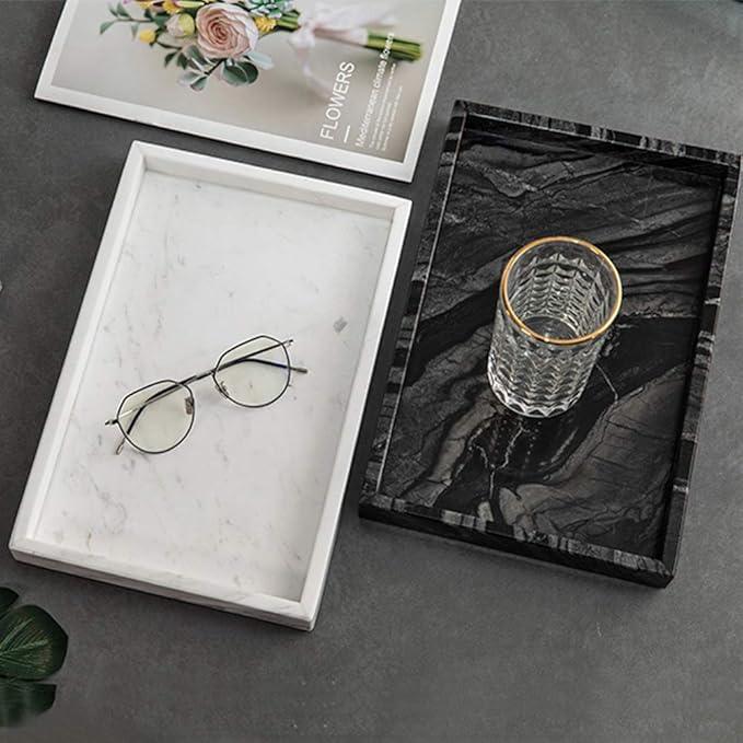 Moreast Black Marble Tray, Stone Bathroom Tray, Decorative Holder for Tissrue, Candle, Soap, Towel, Plant (Black - 10 x 6) - ModernBath