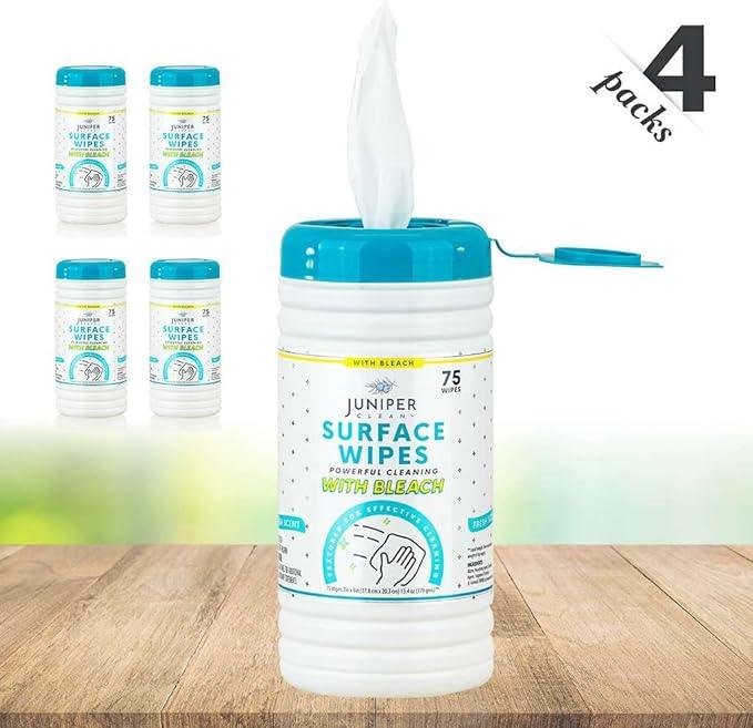 Juniper CLEAN 4 Pack Surface Cleaning Wipes with Bleach, All-Purpose Cleaner for Bathroom, Kitchen, Office, 300 Count Canister, 7.5" x 7" Sheet, Fresh Scent, Lint Free & Durable - ModernBath