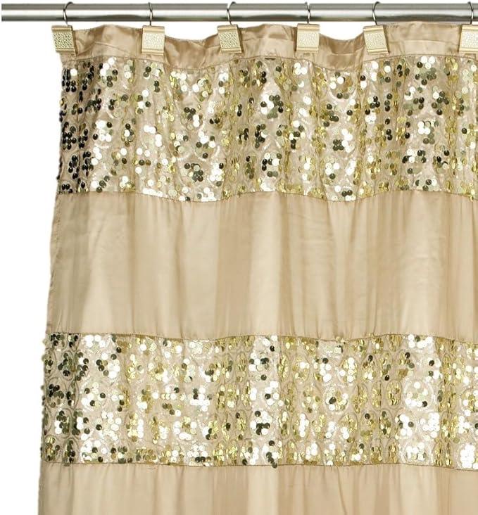 Zahari Home 13pc Sinatra Bathroom Shower Curtain Set - Gold Curtain & 12 Champagne Hooks - Luxury Fabric Bling Unique Beautiful Set - ModernBath