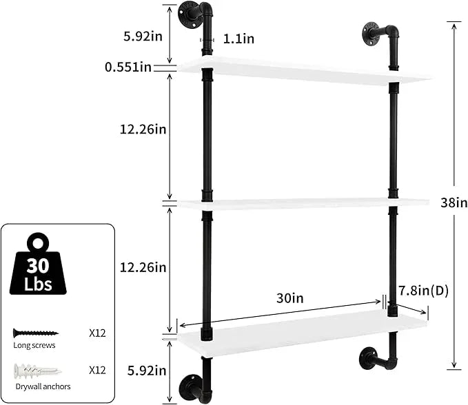 3-Tier Industrial Pipe Floating Shelf – Rustic 30 inch Wood Wall-Mounted Storage Shelf for Kitchen Office,Bathroom & Home Decor -White - ModernBath