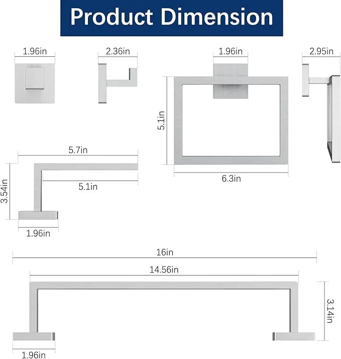 Brushed Nickel Towel Rack for Bathroom Wall Mounted, Bathroom Accessory Set 5-Pieces Bathroom Hardware Set 16In Towel Bar Set - ModernBath