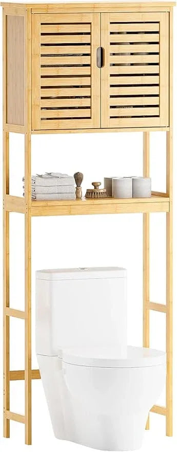 SMIBUY Bathroom Over The Toilet Storage Cabinet, 2 Door Bamboo Cabinet Organizer, Freestanding Space Saver Toilet Rack with Adjustable Inside Shelf and Open Shelf (Natural) - ModernBath