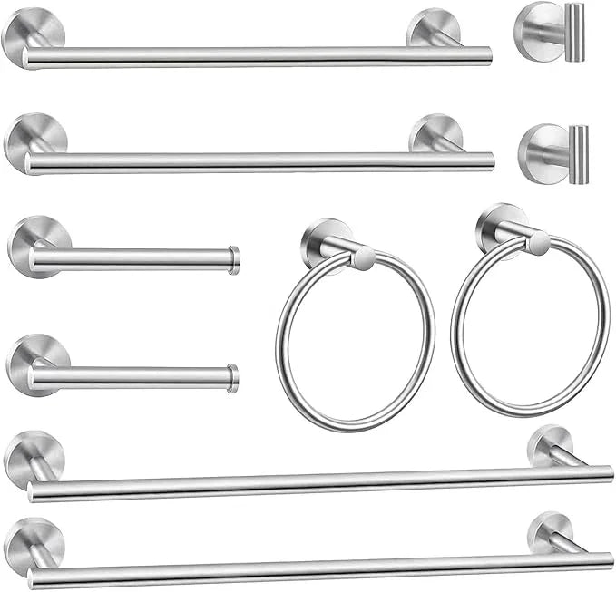 10Pcs Bath Tower Set, Includes 23.6 inch & 16 inch Towel Bars, Hooks, Rings & Toilet Paper Holder - Brushed Nickel - ModernBath