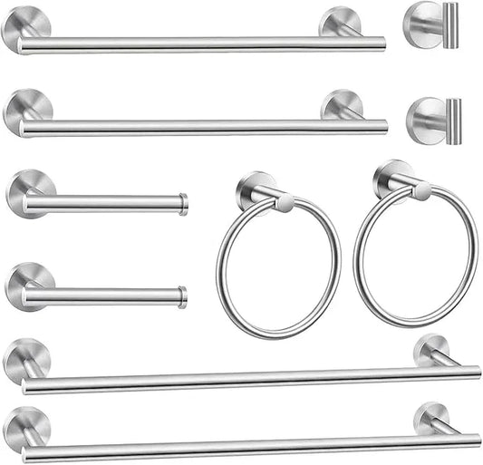 10Pcs Bath Tower Set, Includes 23.6 inch & 16 inch Towel Bars, Hooks, Rings & Toilet Paper Holder - Brushed Nickel - ModernBath