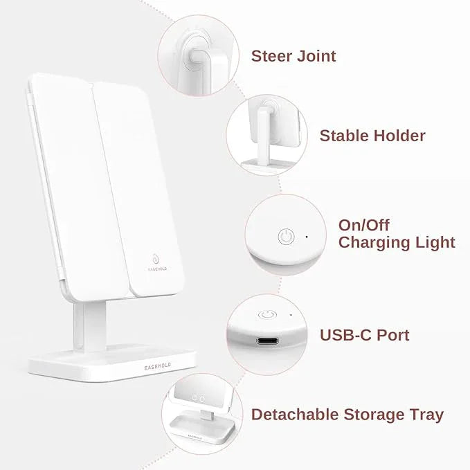EASEHOLD Vanity Mirror with Lights, 2X 3X Magnification, Trifold, Rechargable, Touch Control - Gifts for Girls & Women - ModernBath