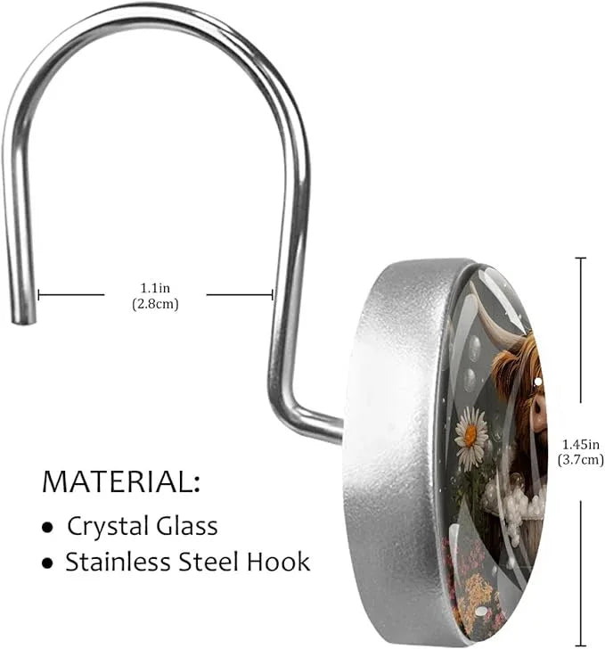 Rural Bathing Highland Cow Shower Curtain Hooks 12Pcs, Decorative Rust Resistant Shower Rings for Shower Curtain Rods, Stainless Steel Round Curtain Hooks for Bathroom, Bedroom, Farmhouse - ModernBath