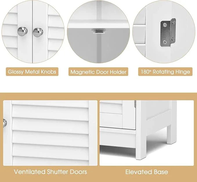 GLACER Bathroom Floor Cabinet, Wooden Storage Cabinet with Double Shutter Doors & 3-Position Adjustable Shelf, Side Storage Organizer, 23.5 x 12 x 31.5 inches (White) - ModernBath