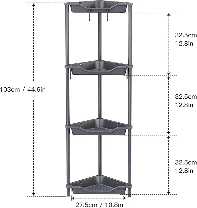 Orimade Rustproof 4 Tier Floor Standing Corner Shower Caddy Organizer, Plastic Metal Splicing Floor Corner Shelf Rack Storage Stands for Bathroom,10.8 x 10.8 x 44.6 inches, Grey - ModernBath