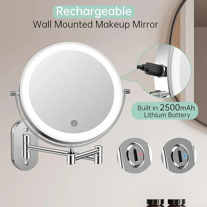 FUNTOUCH 2500mAh Rechargeable Wall Mounted Lighted Makeup Vanity Mirror 8 Inch Double Sided 1X 20X Magnifying Bathroom Mirror, 3 Color Lighting, Touch Dimming, Extended Arm 360° Light up Mirror - ModernBath