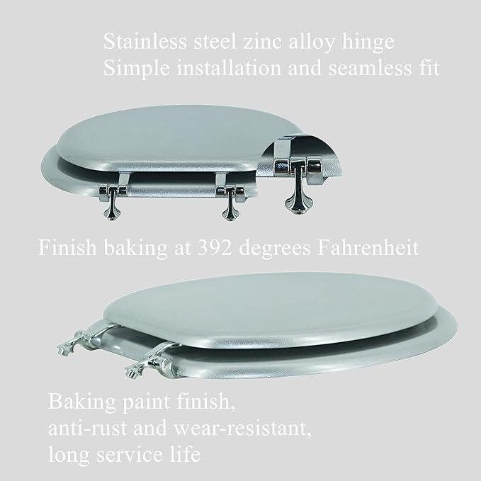BLOFDE Elongated Toilet Seat Wood Toilet Seat Prevent Shifting with Zinc Alloy Hinges American Standard Size Toilet Seat Easy to Install also Easy to Clean(Elongated,Sparkling Classical Silver) - ModernBath