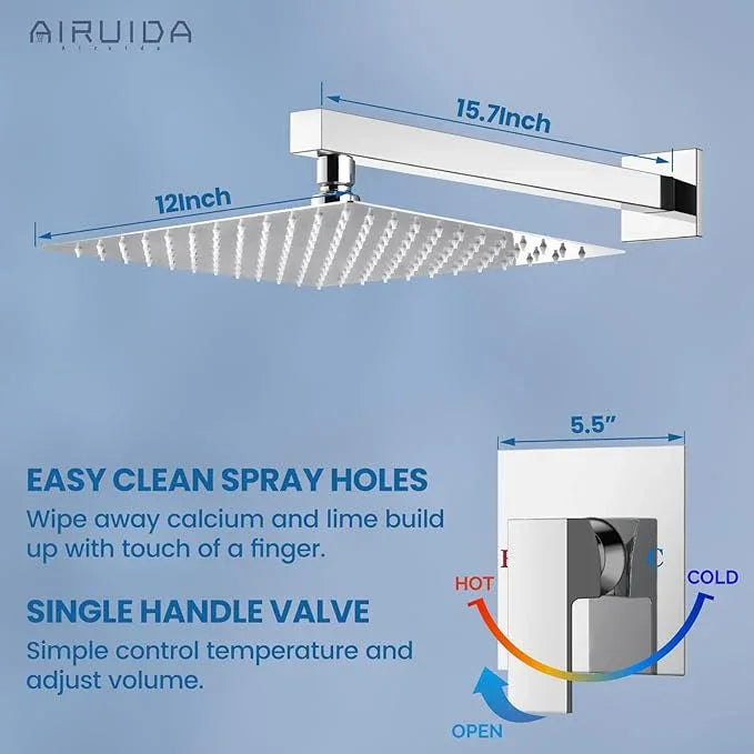 Airuida Shower Faucet Set Bathroom Rain Shower System SUS304 Stainless Steel Single Handle With Male Threads Rough-in Valve Shower Trim Kit 12 Inch Wall Mount Shower Head Chrome Polish - ModernBath