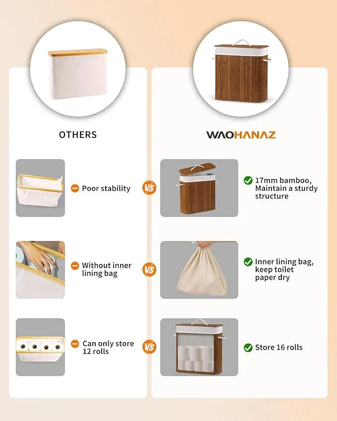 Bamboo Toilet Paper Storage with Lid & Handel, 8 Gallons (30L), Sturdy Toilet Paper Basket, Organizer for Bathroom, Kitchen, Holder with Storage, Walnut - ModernBath