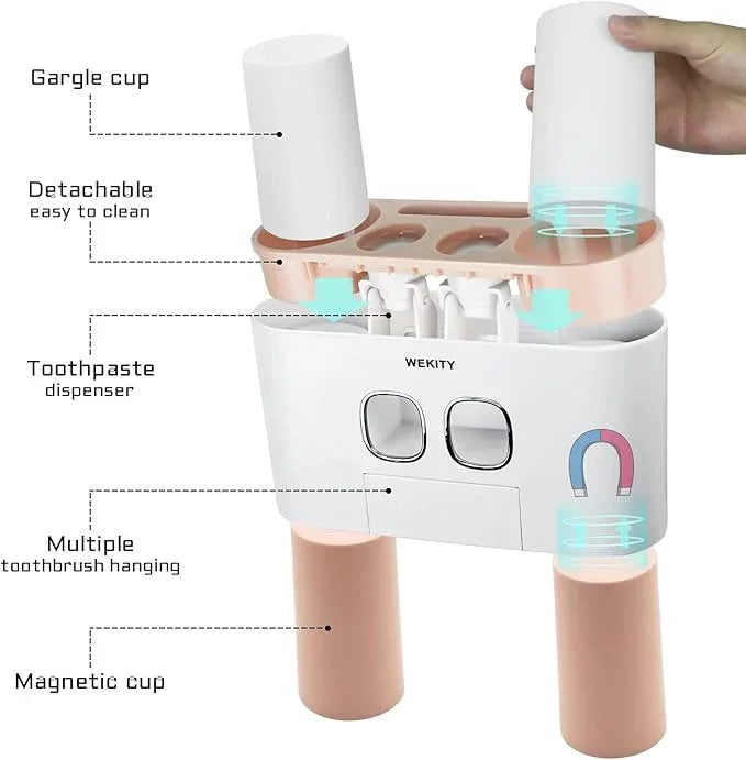 Toothbrush Holder Wall Mounted, WEKITY Multi-Functional Toothbrush and Toothpaste Dispenser for Bathroom, with 5 Toothbrush Slots, 2 Toothpaste Squeezers and 4 Cups(Pink) - ModernBath