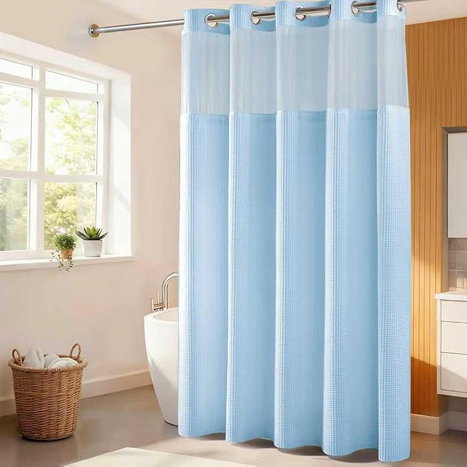 River Dream Sky Blue Fabric Shower Curtain Set, Cotton Blend, Waffle Weave, with Snap in Replacement Liner，71 x 86 inches - ModernBath