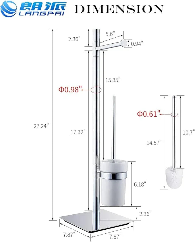 Freestanding Toilet Brush and Paper Holder Set Superior Hotel Luxury Style Join Roll Paper and Toilet Brush Non-Skid Sturdy Floor Stand Brass Chrome with White Ceramic Cup - ModernBath