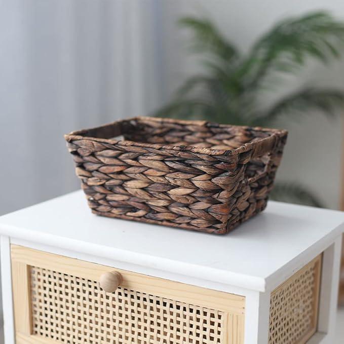 Small Storage Basket, Natural Woven Water Hyacinth Rectangular Organizer Bins with Both-side Handles for Farmhouse, Bathroom, Bedroom. - ModernBath