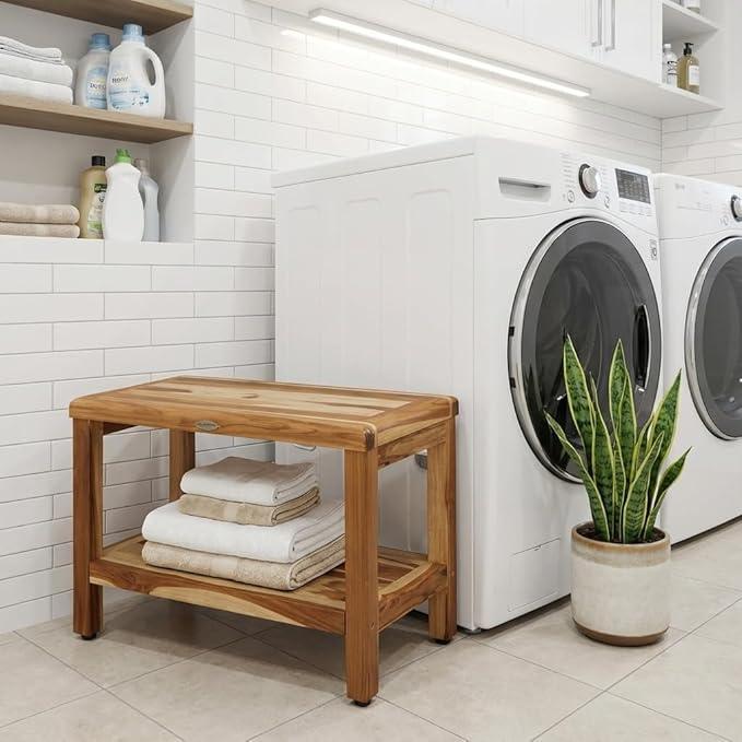 EcoDecors Eleganto 24 Inch Natural Color Waterproof Teak Wood Shower Bench Stool Seat Chair For Inside Shower Provides Safety, Storage, and Organization For Bathroom Accessories - ModernBath