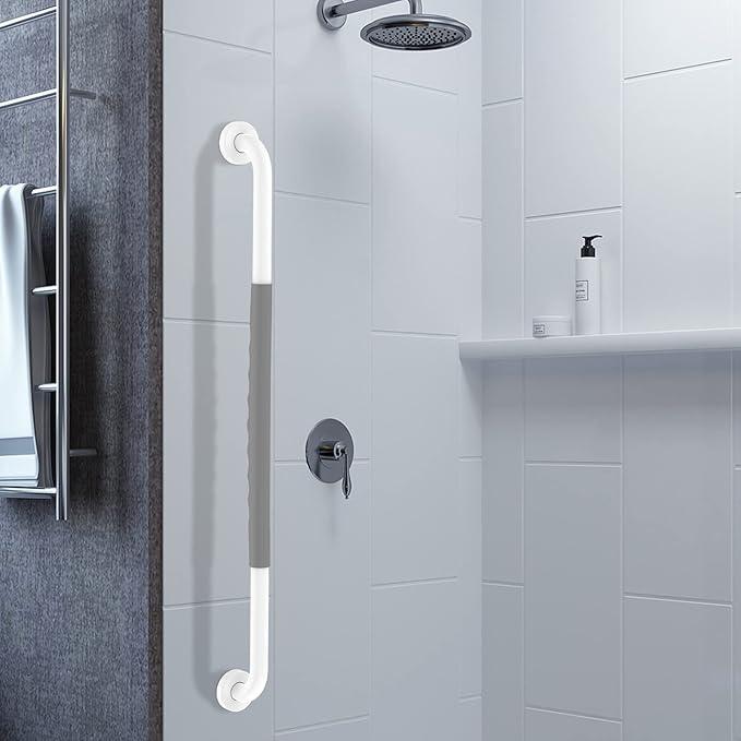 32 Inch Anti Slip Shower Grab Bar, Munzong White Stainless Steel Bathroom Grab Bar w/Gray Rubber Grip, Bathroom Balance Bar,Safety Handrail Support,Handicap Elderly Senior Assist Bath Handle - ModernBath