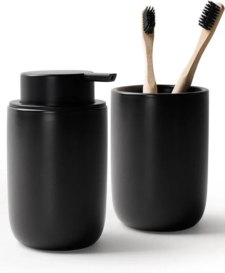 Bosilunlife Soap Dispenser and Toothbrush Holder Set - Dish Hand Soap Dispenser Bathroom Set Ceramic Bathroom Counter Soap Toothbrush Holder Set Black Bathroom Accessories Set - ModernBath