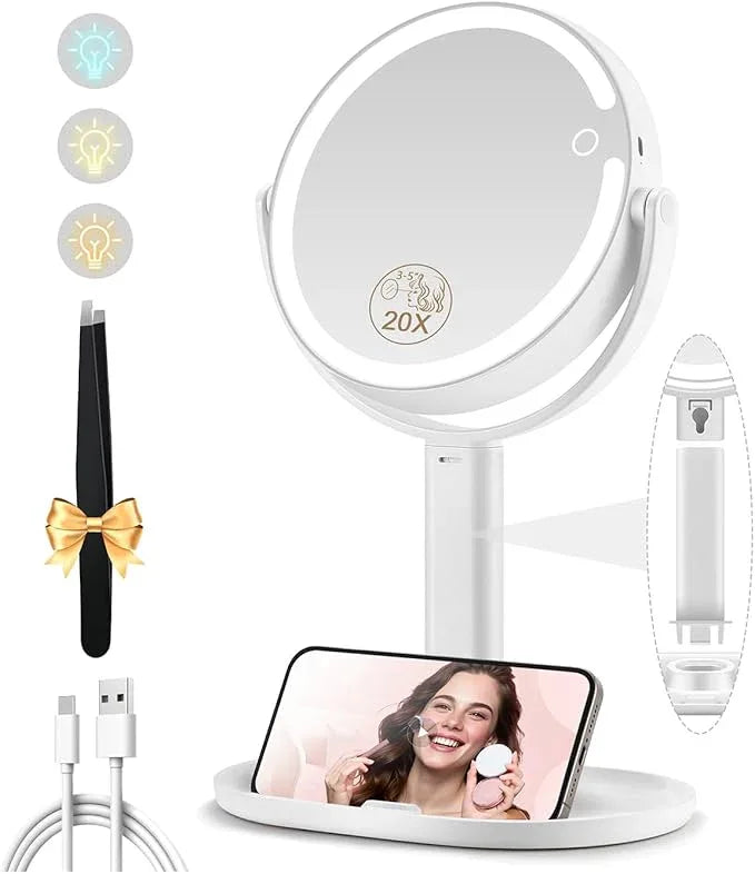 MOMOKUBA Makeup Mirror with Lights, Double Sided 1x/20x Magnifying Mirror with Light, Rechargeable 3 Color Lights and Adjustable Brightness, 360° Rotation Detachable Comes with Tweezer(White) - ModernBath