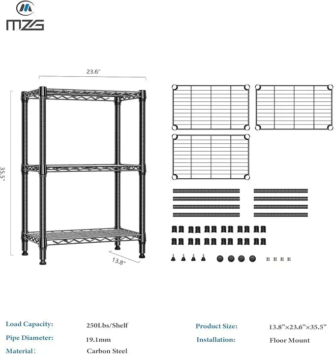 750 lbs 3 Tier Shelf Metal Storage Shelves Shelving Wire Rack Heavy Duty Closet Organizers for Garage Kitchen Bathroom Laundry Black 13.8" D x 23.6" W x 35.5" H - ModernBath