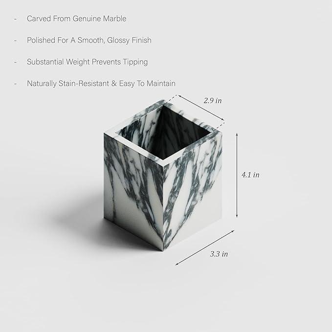 Marble Toothbrush Holder – 4.1" Genuine Stone Bathroom Cup for Makeup Brushes, Pens & Utensils | Natural Marble Organizer for Vanity, Countertop & Home Décor (Arabescato White & Grey) - ModernBath