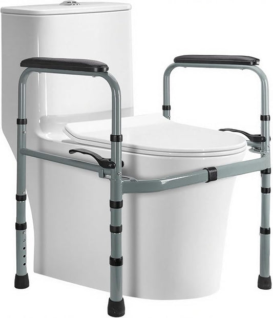 Toilet Safety Rail for Seniors – Adjustable & Foldable Toilet Safety Frame with Padded Handles, Stand Alone Bathroom Safety Rail & Toilet Support for Elderly, Fits Most Toilets, 350 lb Capacity