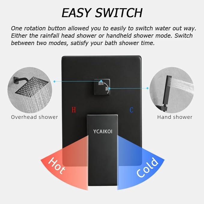 YCAIKOI Matte Black Shower System, 8 Inch High Pressure Rain Shower with Handheld, Wall Mount Shower Faucet Set for Bathroom, Rough-in Valve Body and Trim Included - ModernBath