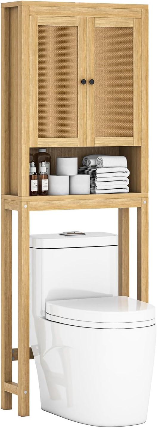 knoworld Rattan Over The Toilet Storage Cabinet, Above Toilet Bathroom Organizer with Adjustable Shelf, Behind Toilet Cabinet, Space Saver for Restroom, Bathroom, Laundry, Wood Rack, Natural - ModernBath