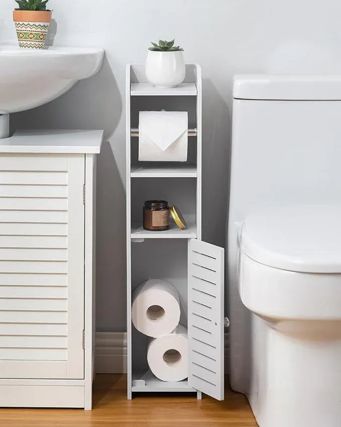 AOJEZOR Toilet Paper Holder Stand: No Drill PVC Small Bathroom Cabinet for Apartment Dwellers - Rental Deposit Protection - Small Space Storage Saving - ModernBath