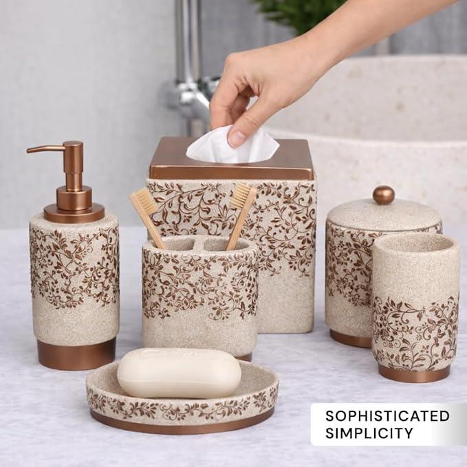 Decozen Bathroom Accessories Set 6Pcs – Soap Dispenser, Toothbrush Holder, Tumbler, Soap Dish & Cotton Swab Jar – Modern Bathroom Decor, Bath Set for Christmas Decor - ModernBath